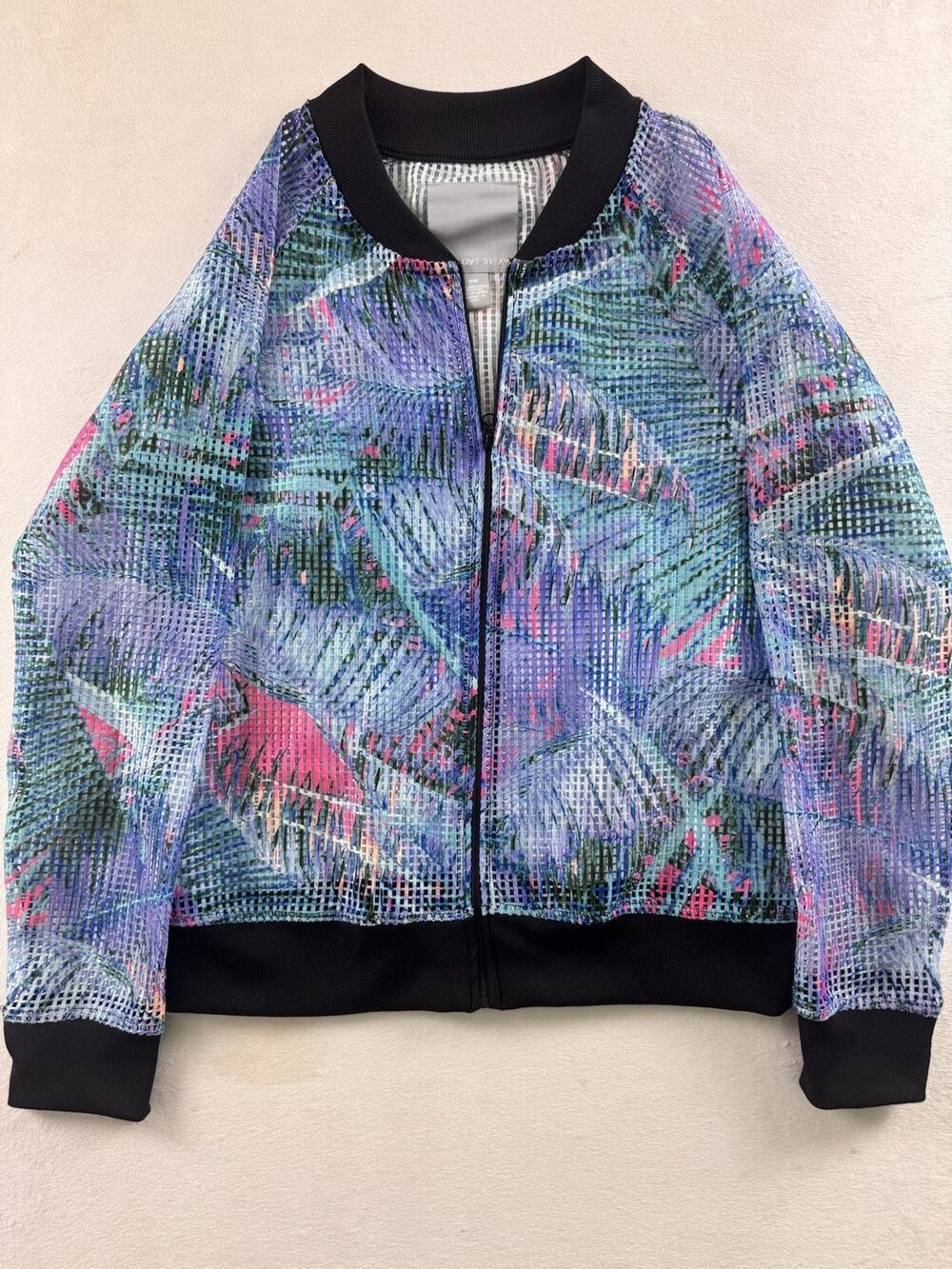 Live Love Dream Women’s Tropical Leaf Print Mesh Zip Jacket Black Ribbed M